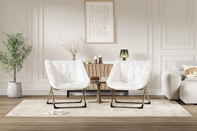 Folding Saucer Chair for Adults, Comfortable Living Room Lounge Chair with Soft Faux Fur Cushion, No Assembly Required, Foldable Accent Furniture for Apartments/Dorms/Bedrooms, White