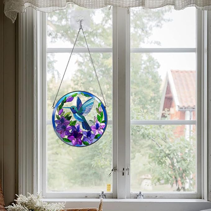 Stained Glass Sun Cather for Window Hanging, 8.6'' Hummingbird Suncatcher with Flowers for Indoor Ornament, Bird Stain Glass Home Decor for Women, Mother