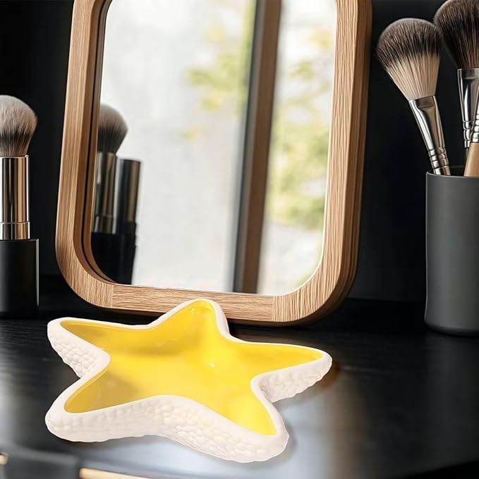 Starfish Jewelry Dish Ceramic Holder Ring Trinket Tray, Ocean-themed Decorative Trinket Dish, Suitable for Mother Friend Sister, Gifts for Women, Home Decor Trinket Dish(Yellow)