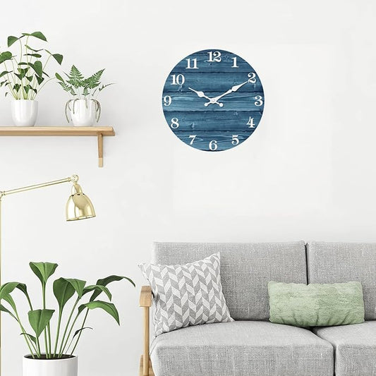 XFM 12 Inch Blue Wall Clocks for Kitchen Living Room Decor Silent Wooden Wall Clock Battery Operated Decorative Farmhouse Clock
