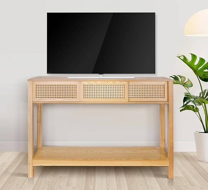 ZYBT Long Console Table, Console Tables for Entryway, Modern Narrow Wood Rattan Entryway Couch Hallway Boho Sofa Table with Storage Drawers for Living Room