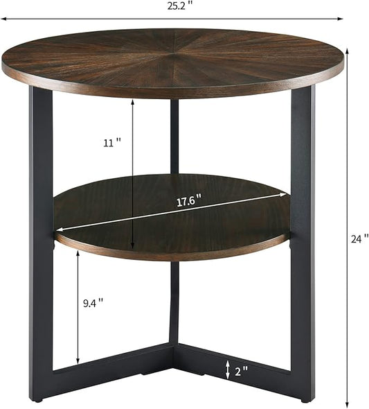 LEEMTORIG Round Side Table, Large 2-Tier End Table Nightstand with Metal Legs, Modern Bedside Couch Table for Living Room, Bedroom, Office, Rustic Brown/Black, 25.2 x 25.2 x 24 inches CJZ-1338-NC