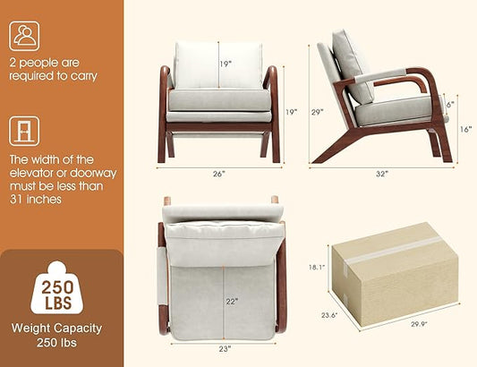 Mid Century Modern Chair Set of 2, Upholstered Lounge Arm Chair with Solid Wood Frame, Comfy Accent Chair for Living Room, Bedroom, Reading,Waiting,Reception, Beige