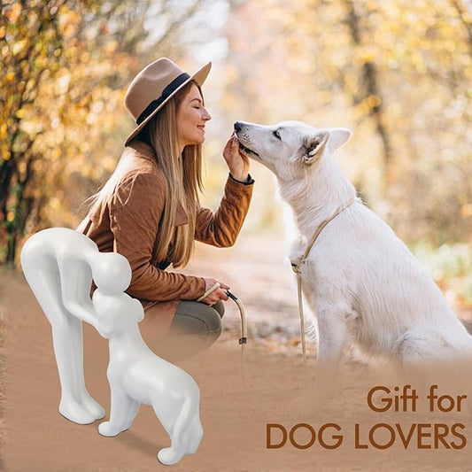 Dog Sculpture Home Decor Cute Man and Dog Statue Decoration for Office、Living Room、Bedroom、Home, Memory Gifts for Pet Lovers (White)