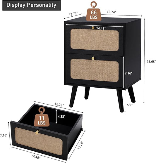 16" Wooden Nightstand with 2 Storage Drawer, Farmhouse Bedside End Table with Linen Decor, Modern for Night Stand Bedroom, Living Room & Small Spaces (Black)