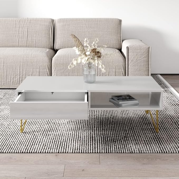 Meble Furniture Repo 51" Coffee Table with Lower Shelf & Drawer - Modern Rectangular Dining Table for Living Room - Durable & Lightweight Wooden Coffee Table with High Gloss Front Finish - White