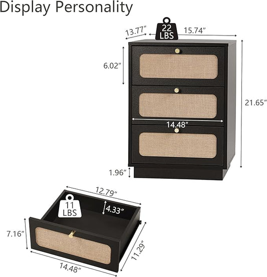 Modern Black Wood Nightstand Set of 2, 16" Small Night Stand with 3 Storage Drawer for Bedroom, Farmhouse Linen Decor Side End Table for Bedside, Living Room, Home Office (Black)