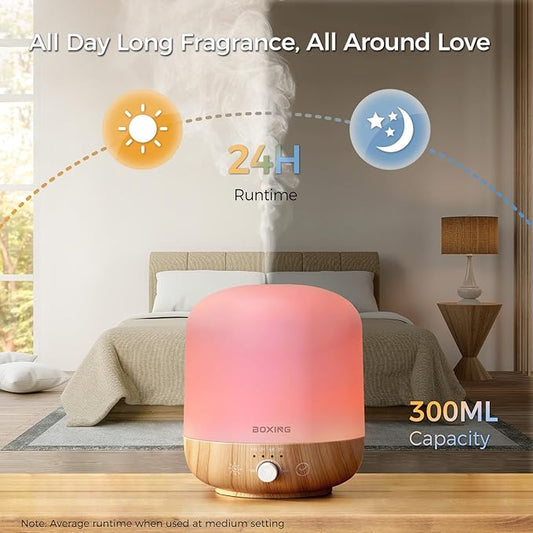 BOXING 300ML Essential Oil Diffuser, Diffusers for Home&Large Room, Aromatherapy Diffuser with 7 Colors Night Light Perfect for Bedroom Baby, Stepless Knob Control,Timer,Quiet,Auto Shut Off,White&Wood