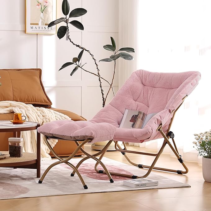 Comfy Folded Chair with Ottoman, Oversized Folding Faux Fur Chair Soft Furry Lounge Lazy Chair with Metal Frame Moon Chair Accent Chair for Bedroom, Living Room, Dorm Rooms