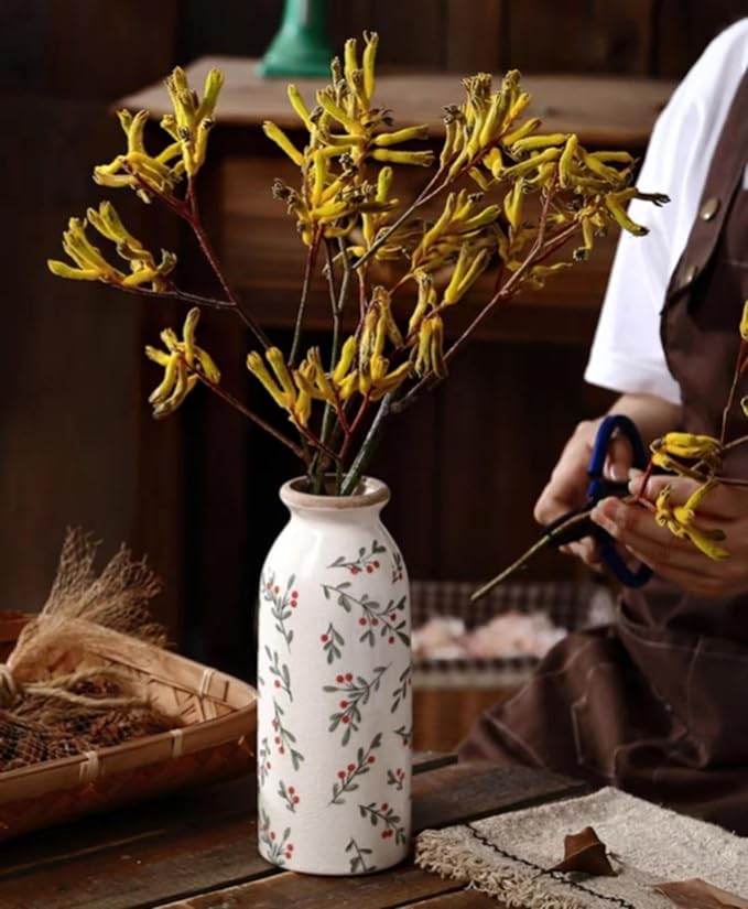 Ceramic Rustic Farmhouse Vase, Holly Pattern Flower Vase for Home Decor, Ideal Shelf Decor, Boho Vase for Living Room Bedroom Kitchen Office Decor Centerpiece Table Decorations (7.8 inches)…