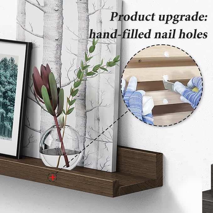 Forbena 24 Inch Rustic Picture Ledge Shelf Set of 4, Wooden Floating Shelves with Lip for Wall, Wide Farmhouse Hanging Photo Ledge Shelves for Bedroom Living Room Books (Solid Wood, Dark Brown)