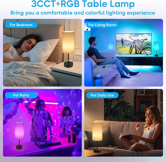 Unicozin Table Lamp, 3 CCT 3000K/4500K/6500K & RGB Color Changing, Stepless Dimmable, 17Inch Bedside Lamp for Reading, Ambience Nightstand Light for Home Decor Party, Cream Shade