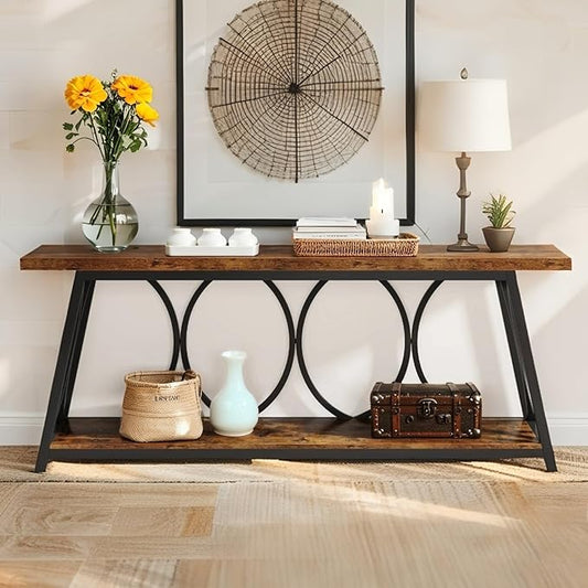 JIKONG 70.9" Industrial Console Table with Shelves — 2-Tier Rustic Metal Sofa Table, Heavy Duty Storage Shelf for Living Room, Office, Entryway (Rustic Brown)