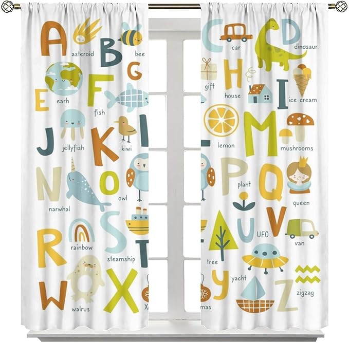 BAEKJIN Kids Alphabet Curtains,Catoon Animals Pattern Print Decor Window Drapes for Bedroom Living Room 42x45 Inch