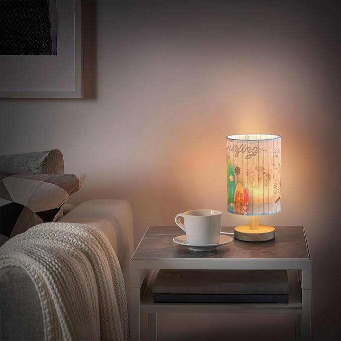 Table Lamp Colorful Surfboard Palm Tree Vintage White Wooden Summer Surfing Nightstand Lamp with Wood Base Fabric Lamp Shade Bedside Desk Lamp for Living Room Bedroom Kids Room Office