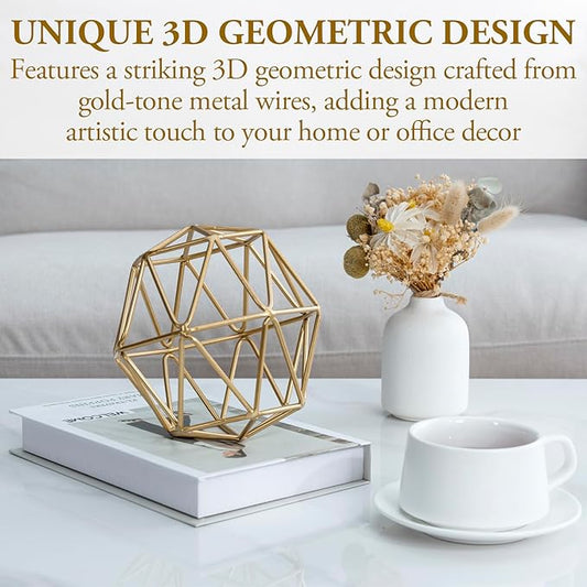 MyGift 3D Art Geometric Abstract Sculpture, Gold Tone Metal Wire Orb Decorative Ball, 6.4 Inch Home Decor Accents