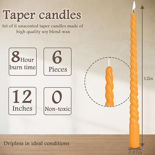 12 Inch Spiral Taper Candles, Smokeless Dripless Long Candles – Unscented Decorative Dinner Candles for Home, Wedding, Party, Table Decor, and Holiday Celebrations (6-Pack Assorted Colors B)
