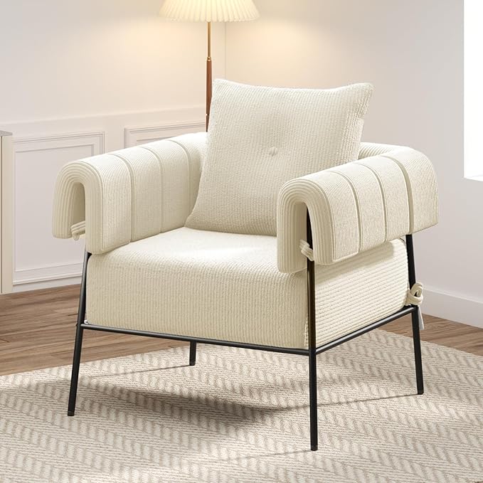 Furniliving Modern Accent Chairs Comfy Chairs with Pillow Lounge Chair Reading Chair for Living Room Upholstered Bedroom Arm Chair with Metal Frame, Armchair, Soft Cushion, Corduroy, Beige