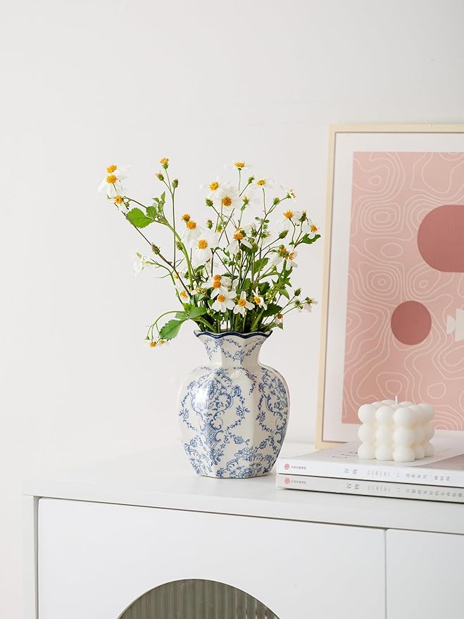 Blue and White Vase, Vintage Blue Ceramic Flower Vessel,Ceramic vases for Home Decor,Vintage Green and Beige for Console Table Mantle Chinoiserie Decor (Blue and White-01, Small)