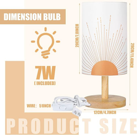 Bonuci Bedside Table Lamp for Bedroom Boho Desk Lamp Minimalist Bedside Desk Lamp 3W Sun Background Trendy Abstract Geometric Small Night Stand Lamp with Wood Base for Bedroom Living Room Desk Office