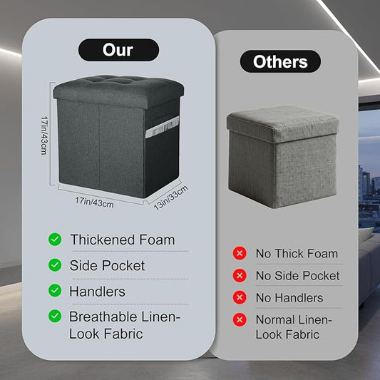 Small Ottoman with Storage, 61L Slim Tall Foldable Ottoman Foot Rest Stool with Thicker Foam Padded Seat. Linen Storage Bench for Bedroom Living Room, 300lbs Weight Support, 17x13x13IN, Gray Black