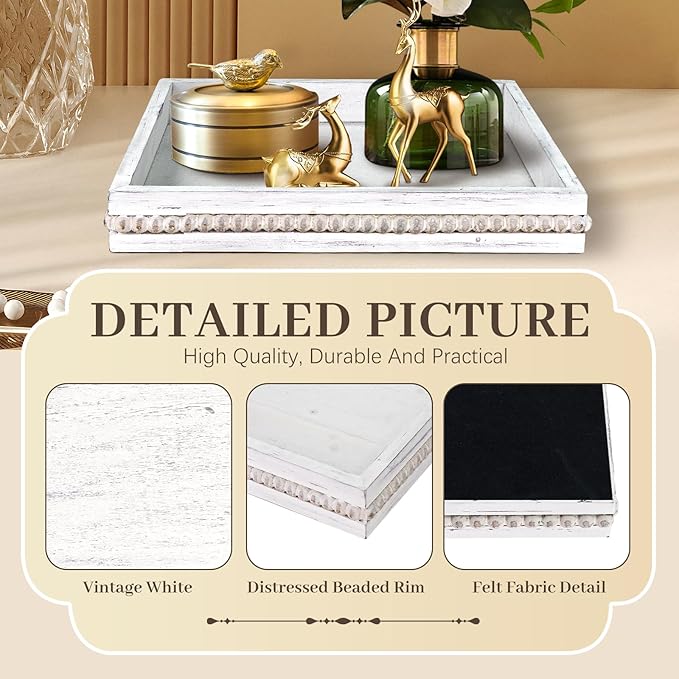 Wooden Decorative Tray, Small Serving Tray with Wood Bead, Farmhouse Big Tray for Ottoman, Countertop, Coffee Tabl, 13" x 13"x 1.6" (Retro White)