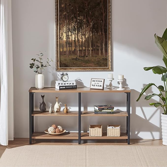 IBF Rustic Console Table, Industrial Wood and Metal Sofa Table, Hallway Entry Table for Home Living Room, Barnwood Foyer Accent Entryway Table with Retro Vintage Storage Shelf, Rustic Oak, 55 Inch