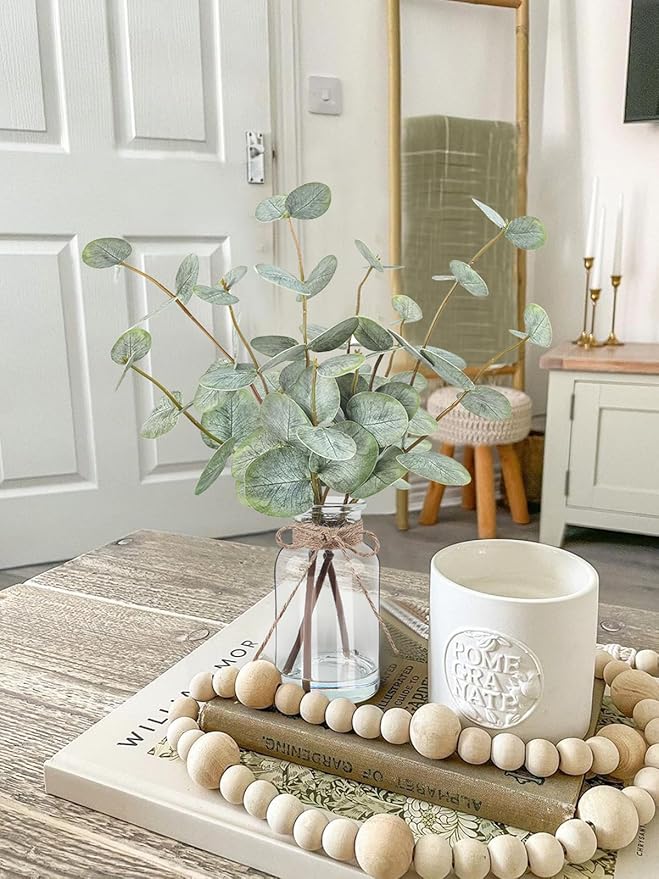 Artificial Eucalyptus Stems in Glass Vase with Faux Water, 13.5” Fake Plants for Home Decor, Coffee Table Centerpieces, Office, Bathroom & Farmhouse Weddings - Faux Greenery Plants Decorations