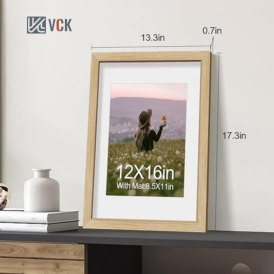 VCK 12x16 Picture Frame 2 Pack - Natural Oak, High-End Wood Poster Frames with Tempered Glass, Display 8.5x11 Photo with Mat or 12x16 without Mat, Art Gallery-Quality, Wall Hanging, Natural Oak