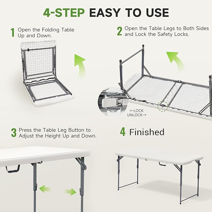 Portable 4-Foot Folding Table 2-Position Adjustable Height, 400 lbs Capacity, for Camping & Parties (1-Pack)