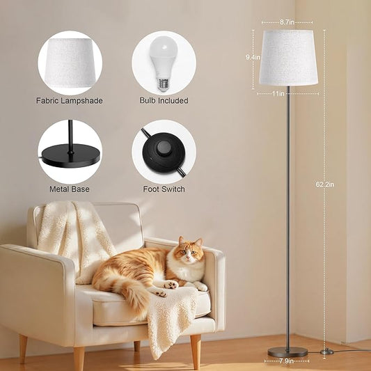 Floor Lamp with Linen Shade - 62" Tall LED Standing Lamp with Foot Switch, 3 Color Temps, 9W E26 Bulb Included, Black Floor Reading Light Corner Lamp for Living Room Bedroom Office Dorm