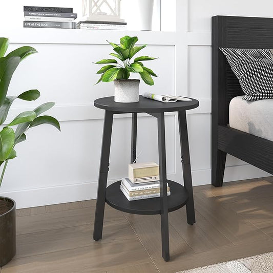 Side Table Set of 2, Small Round End Table with Storage Shelf for Small Space, 2-Tier Black Bedside Table Sofa Couch Table, Nighstands Set of 2 Accent Table for Living Room, Bedroom, Black