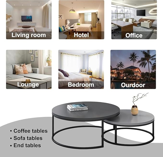 Round Nesting Coffee Table Set of 2, Modern Minimalist Accent Tables for Living Room, Bedroom, Office, Stackable Side Tables (Light & Dark Gray)