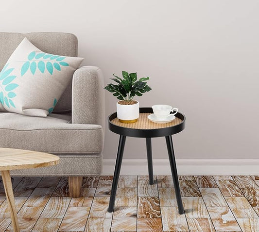 Rattan Round Side Table, Black Small Accent Table, Modern Boho Bedside Mid-Century Patio Side End Tables for Living Room Bedroom Office Balcony
