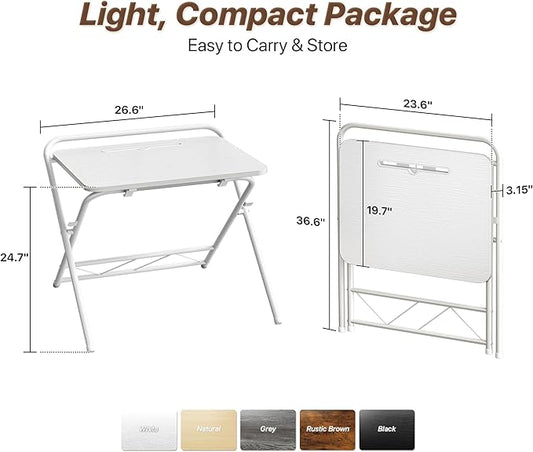 Huuger Folding Desk with 3-Level Adjustable Height and Tablet Slot, 24 Inch Foldable Computer Desk for Small Spaces, Space Saving, Writing Work Table for Home Office, Bedroom, Study, White