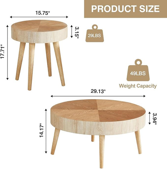 2 Pieces Round Wood Coffee Table Set, Modern Sofa End Table, Accent Side Table for Living Room (Natural)