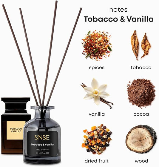 SNSE Tobaco & Vanilla Reed Diffuser Set - Premium Reed Diffusers for Home with Diffuser Reeds, Luxurious Gift Aroma, Sophisticated Scent, Ideal for Relaxation, Elegant Home Fragrance