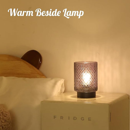 Battery Operated Lamp with Timer, Decorative Small Table Lamp, Glass Cordless Lamps Bedside Lamp for Living Room, Office, Bedroom, Entryway Diamond Design-Grey
