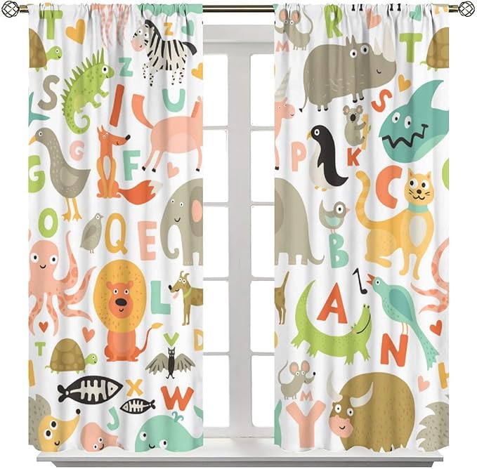 Alphabet Curtains,Cute Cartoon Animals English Pattern Blackout Print Window Drapes for Bedroom Living Room 72x63 Inch