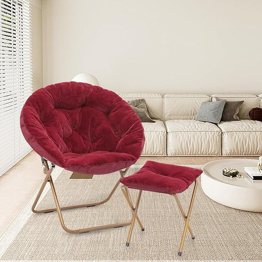 Athena Collection Saucer Chair with Ottoman - Modern Red Faux Fur Foldable Accent Chair - Comfortable for Bedroom, Living Room, Gaming, Reading - 300 lbs Weight Capacity