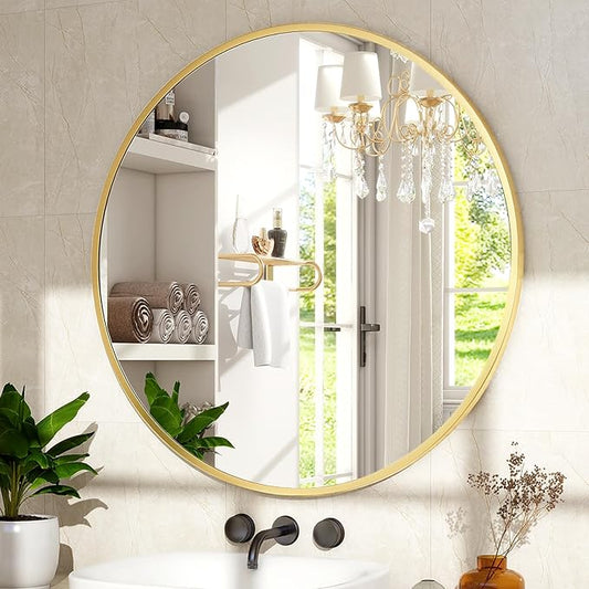 30 Inch Round Mirror - Circle Mirrors for Bathroom, Entryway and Living Room Wall Decor, Modern Hanging Vanity Mirror, Matte Gold Circle Decorative Wall Mirror