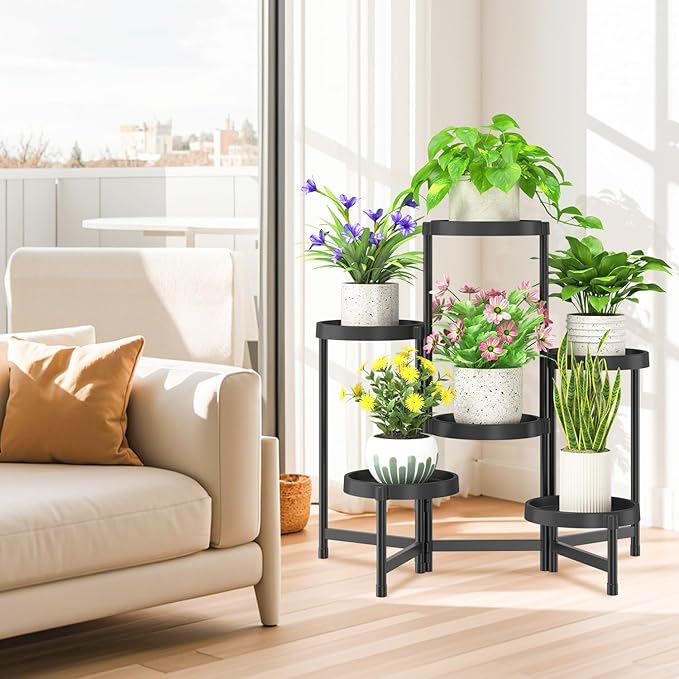 iDavosic.ly 6 Tier Folding Plant Stand Indoor Outdoor with Plastic Tray, Tiered Corner Flower Holder Shelf, Metal Orchid Display Rack for Patio Porch Living Room Garden Balcony, Modern Black