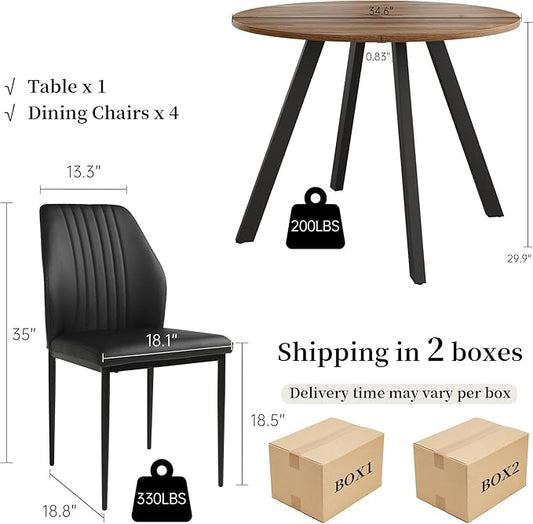 34.6'' Round Dining Table and Chairs for 4 Space Saving for Apartment Kitchen Dining Room (Walnut Table+4 Black Chairs)