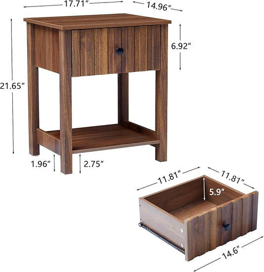 Wood Nightstand, 21.65" H Bedside Table with Wide Fluted Finish, Modern Night Stands with Drawer, Mid Century End Table for Bedroom (Walnut)