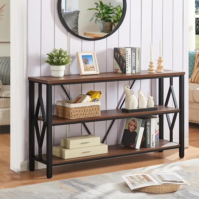 HOMISSUE Sofa Console Table, Rustic Console Table with 3-Tier Storage, Engineered Wood Sofa Tables with Open Shelves, Heavy Duty Entryway Tables for Living Room, Hallway (55 Inch, Rustic Brown)