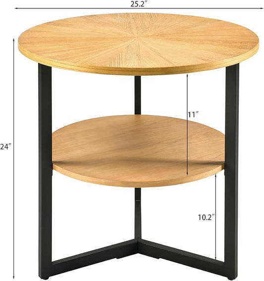 Round End Table with Storage Shelf, 25in Circel Accent Side Table with Metal Legs, 2-Tier Industrial Sofa Side Table for Living Room Bedroom, Oak
