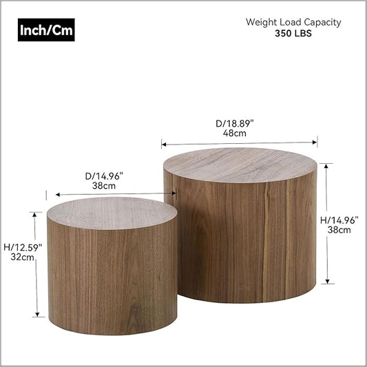 KEVINSPACE Nesting Coffee Table Set of 2, Round Nesting Tables Wooden End Tables for Small Space, Modern Side Tables Set for Living Room, Office, No Need Assembly, Walnut