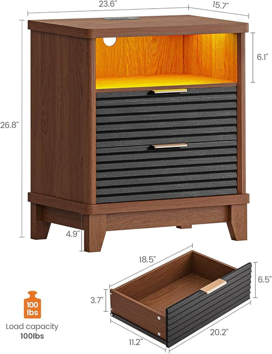 AOGLLATI Fluted Nightstand with Charging Station and 2 Drawers, Black Nightstand, Beside Table with Open Storage and Led Lights, Retro End Side Table for Bedroom, Black