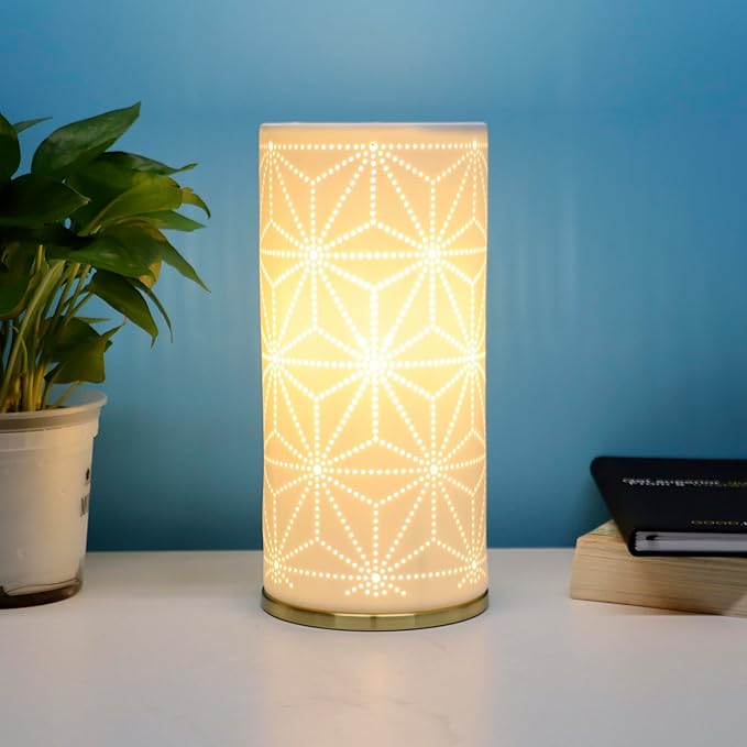 Small Modern Ceramics Bedside Table Lamp, 4.5 x 4.5 x 9.75 Inch White Spider Web Style Nightstand Lamps, Side Table Lamps for Bedroom Living Room Entryway Table Light