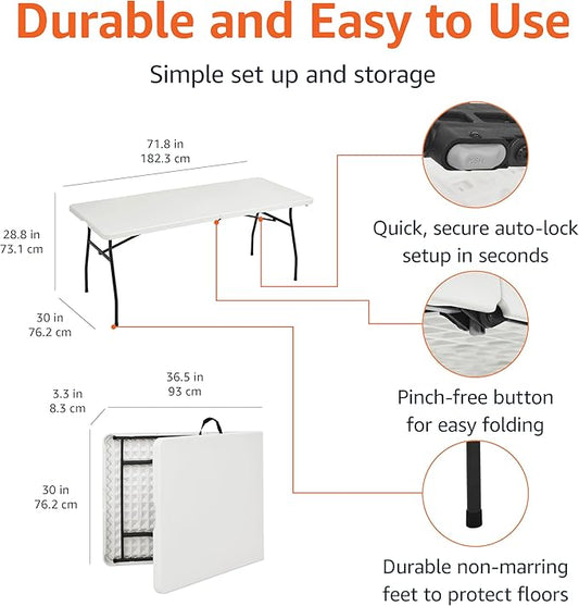 Amazon Basics Heavy Duty Portable Folding Table 6 ft with Carrying Handle, Indoor & Outdoor, White